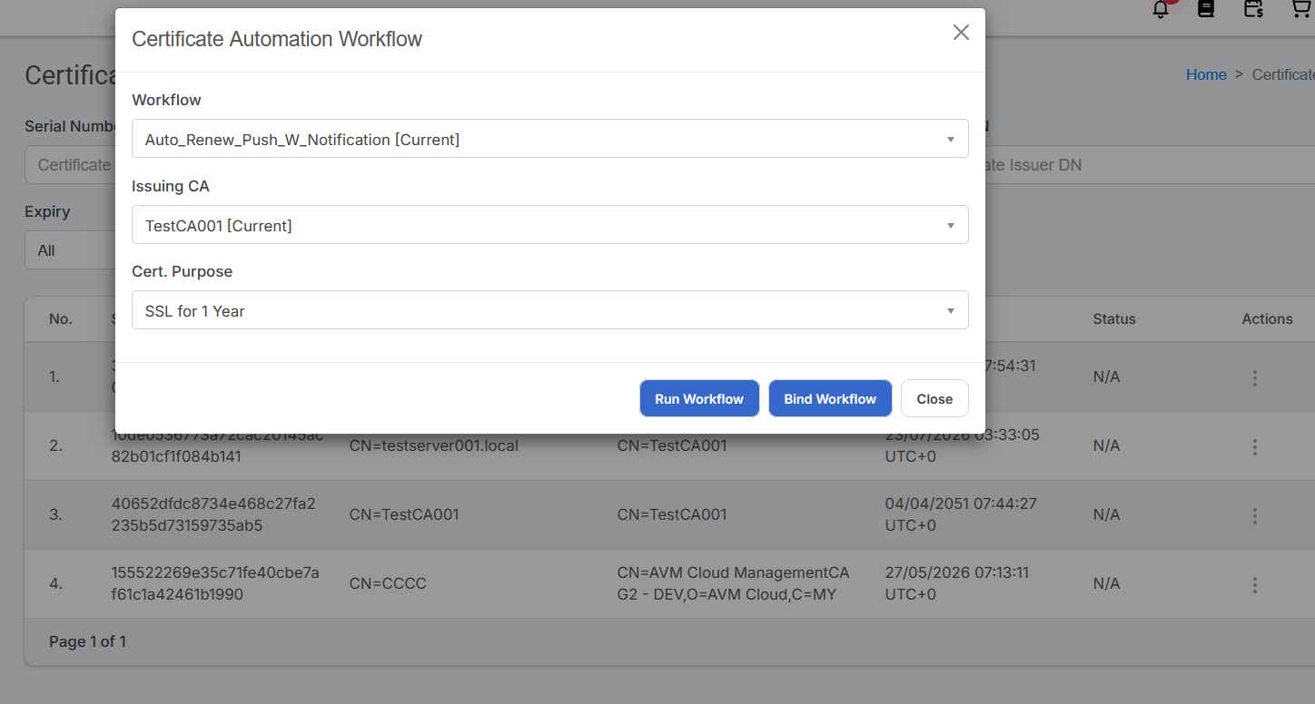 bindcertworkflow popup